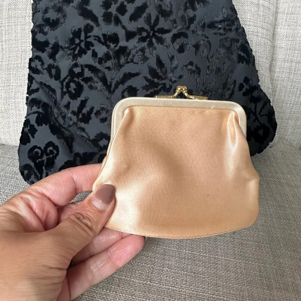 Vintage Coblentz Black Floral Clutch Velvet Burnout Coin Purse‎ Kiss Closure